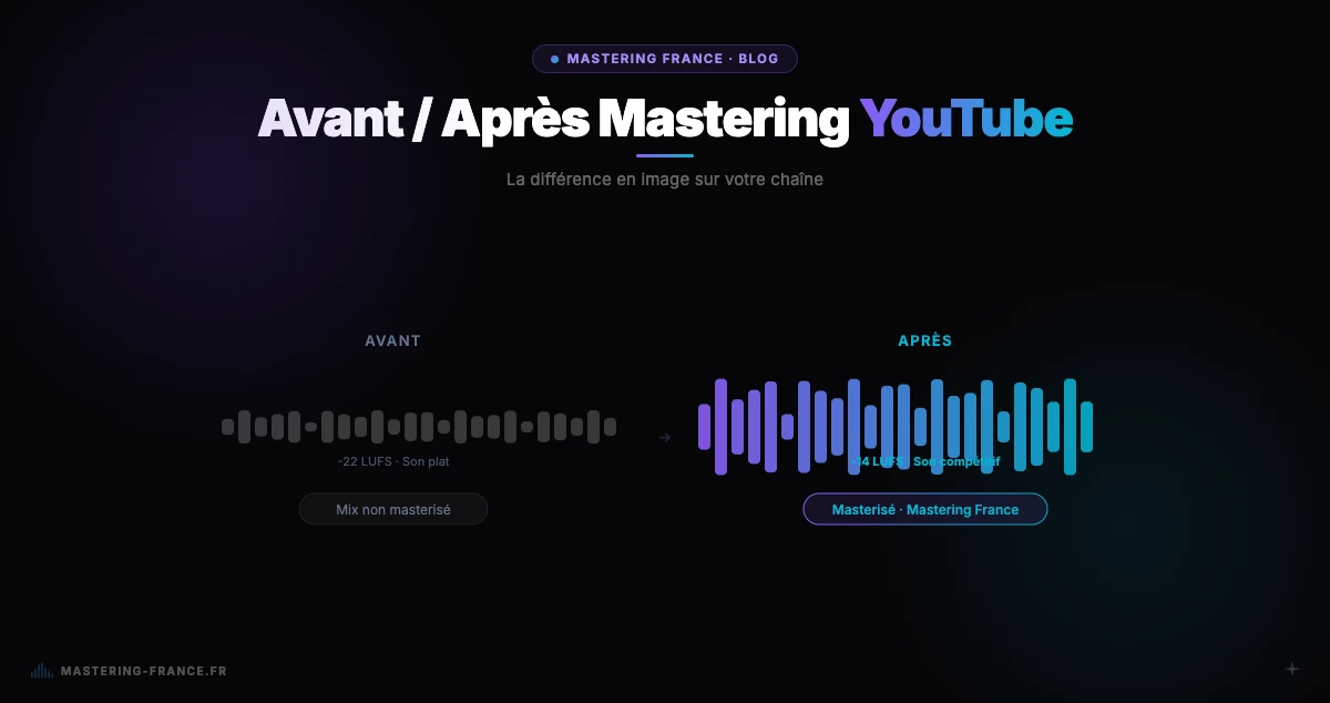Waveform comparison before and after audio mastering on YouTube — LUFS analysis Mastering France
