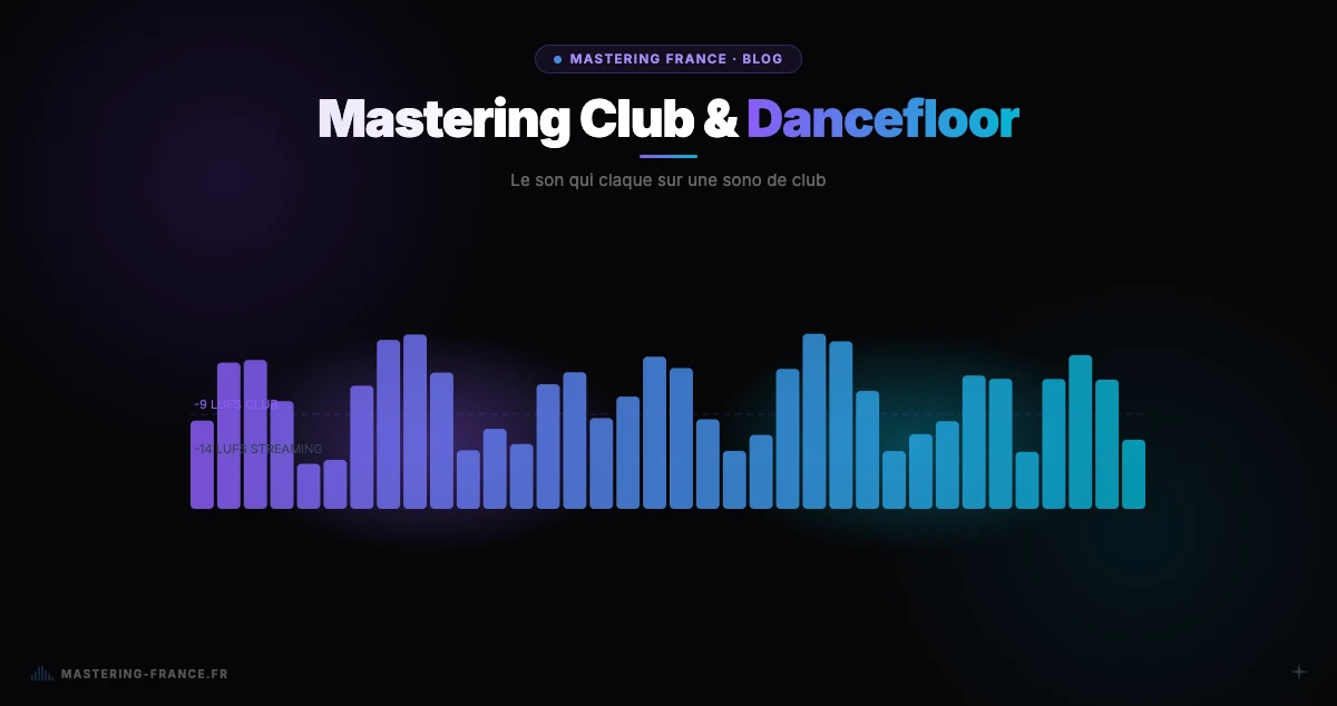 Techno club dancefloor with professional PA sound system and lights — audio mastering for club