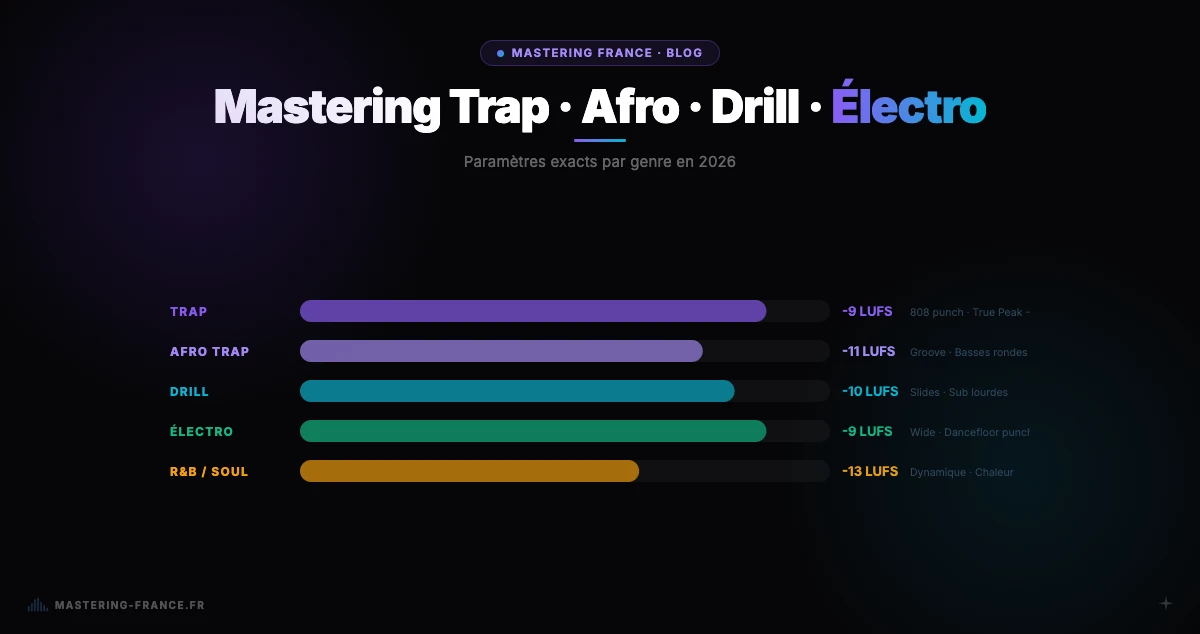 LUFS target values by genre chart: Trap -14.0, Afro Trap -14.5, Drill -14.0, Electronic -12.0 LUFS