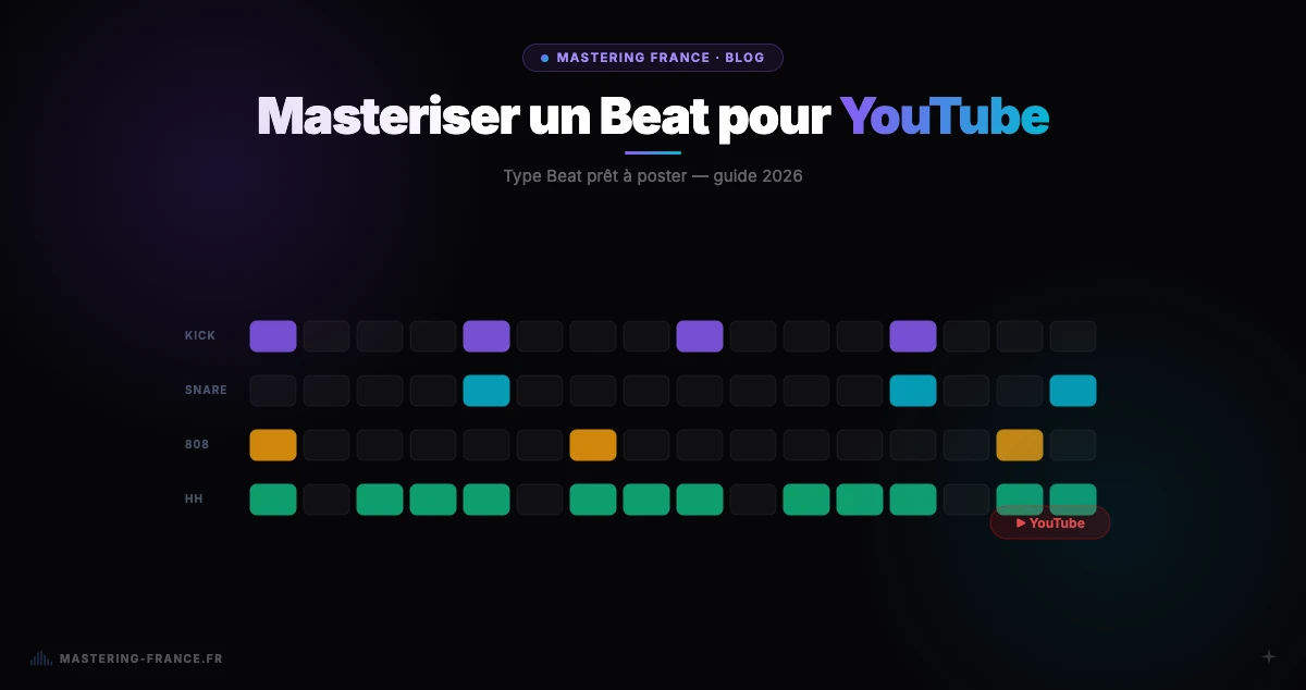 Audio mastering interface showing -14.0 LUFS — mastering a beat for YouTube 2026 — Mastering France